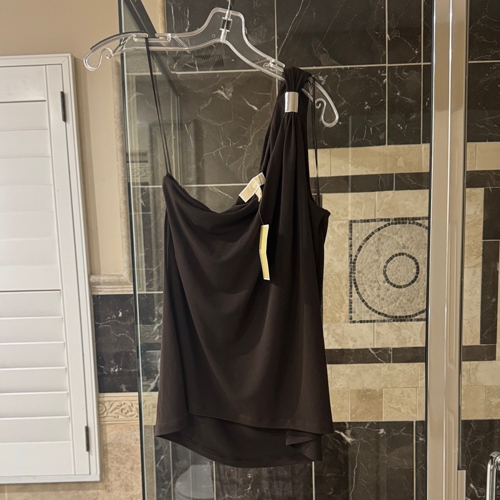 MICHAEL Michael Kors Black One-Shoulder Draped Blouse